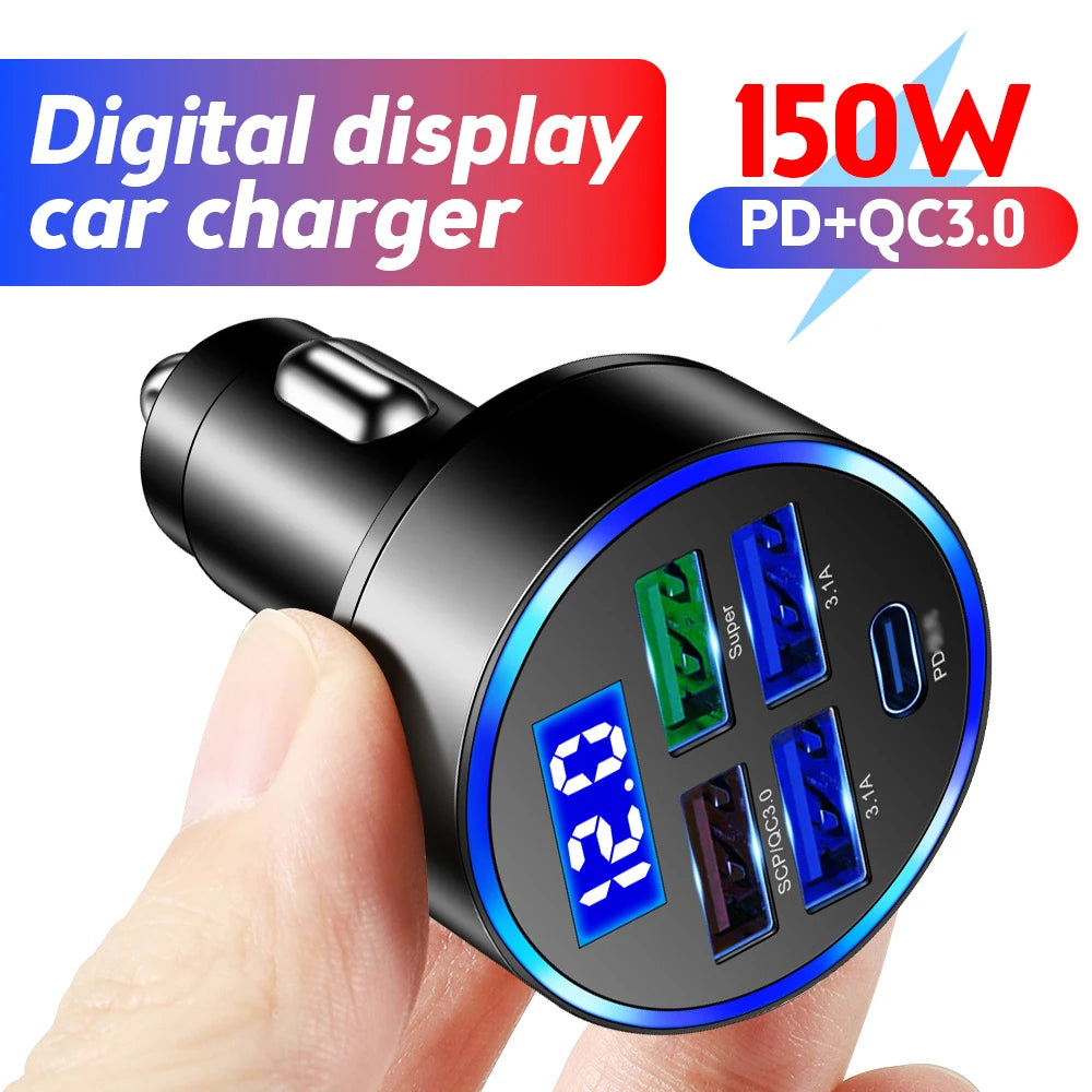 5 端口 150W 车载充电器快速充电 PD QC3.0 USB C 车载手机充电器适用于 iPhone 15 14 华为小米车载手机充电器