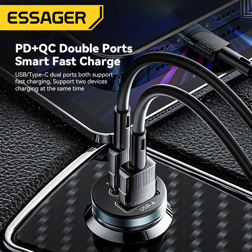 شاحن سيارة Essager 30 وات USB C شاحن سريع من النوع C PD QC 3.0 SCP 5A شحن سريع لشحن الهاتف في السيارة لهاتف iPhone وXiaomi وSamsung