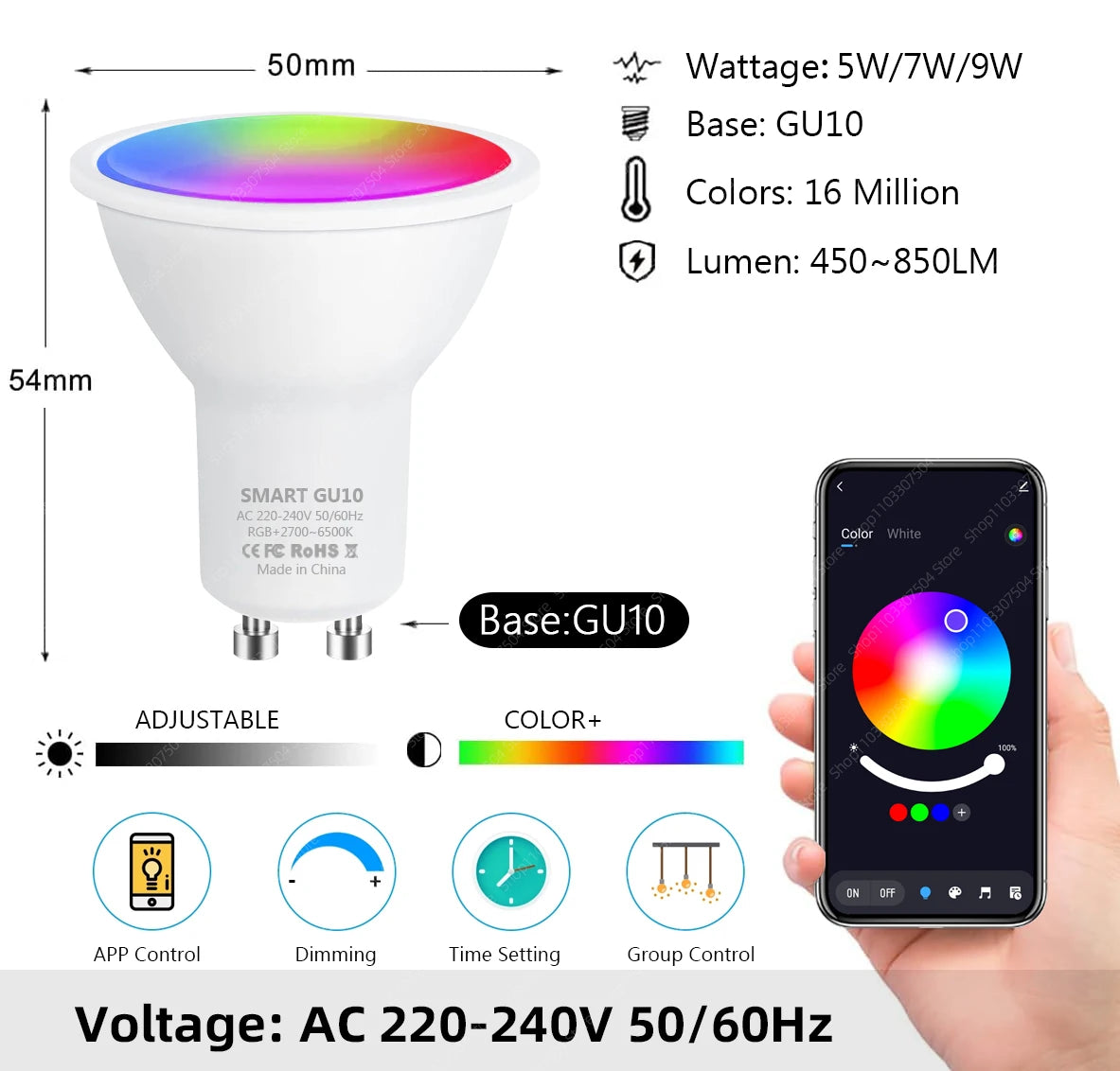 Smart Life Bluetooth WIFI GU10 RGB 220V LED Light Bulb Dimmable Tuya APP Group Alexa Google Home Voice Control Timing Spotlights