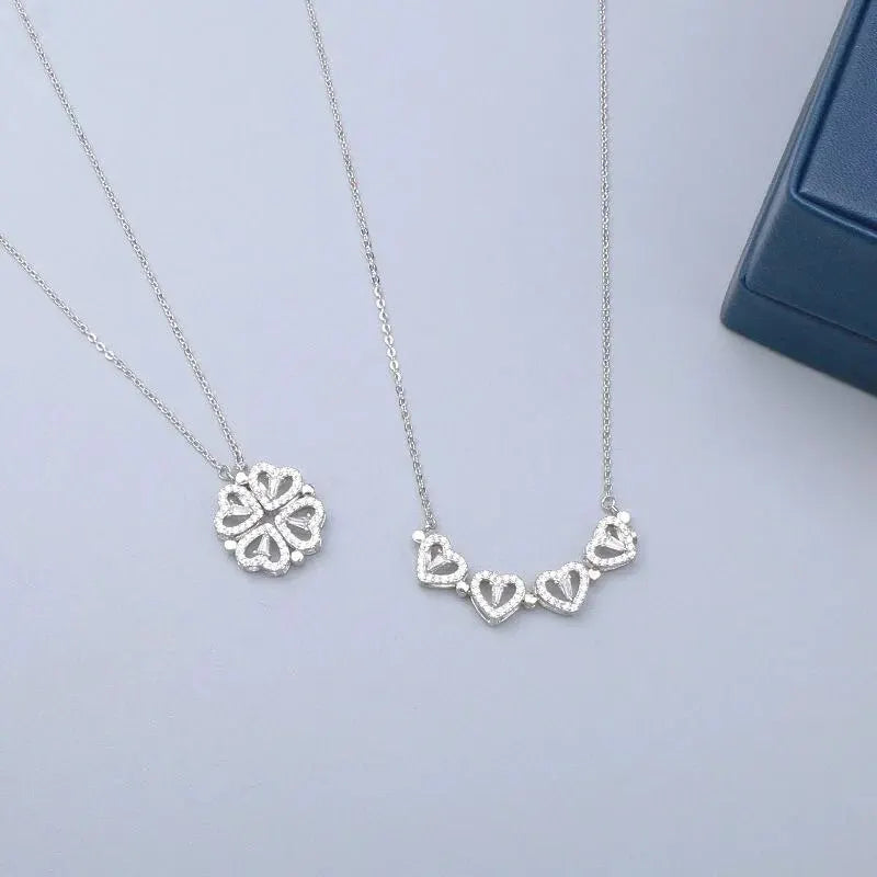 New Fashion Double Wear Magnet Four Heart Flower Pendant Necklace For Women Sweet Sexy Female Stainless Steel Neck Chain Jewelry