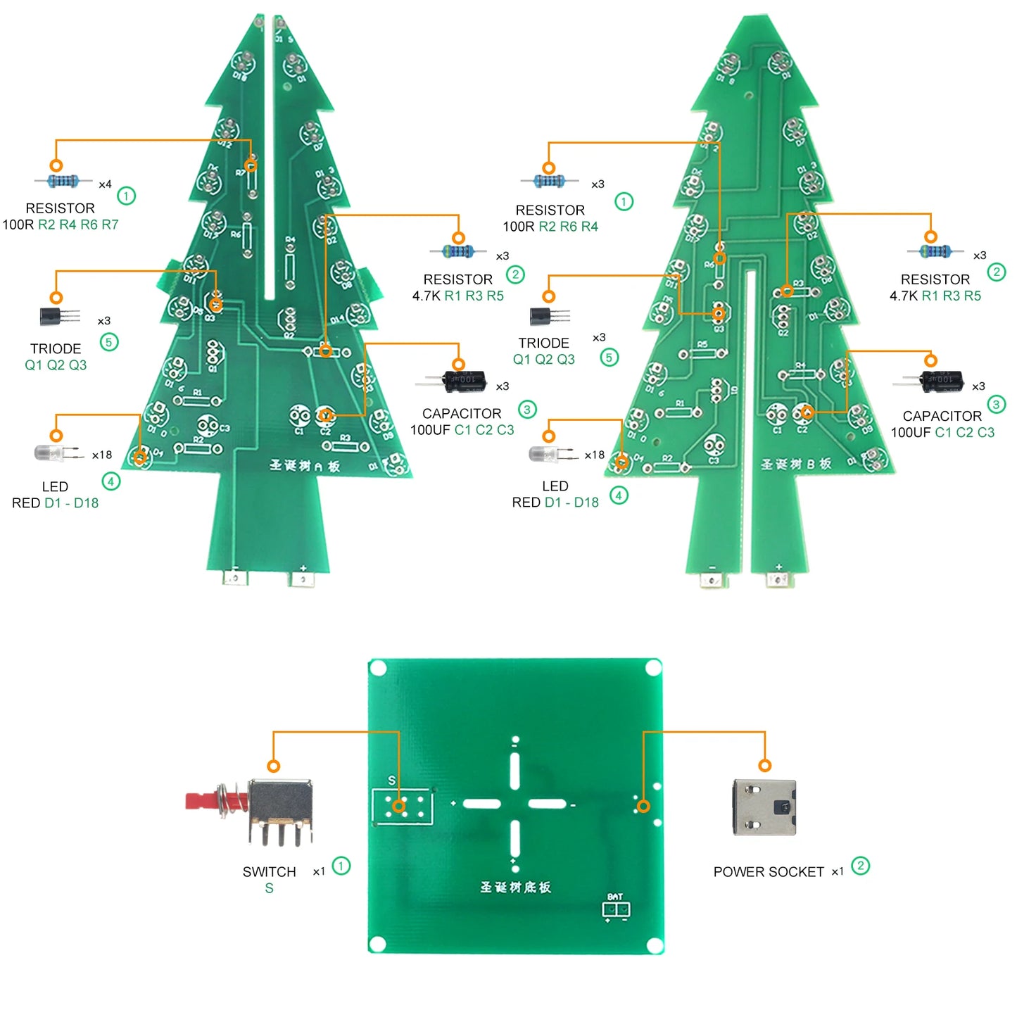 DIY Electronics Kit 3D Christmas Tree Soldering Practice Electronic Science Assembly Kit 3 Color/7 Color Flashing LED PCB