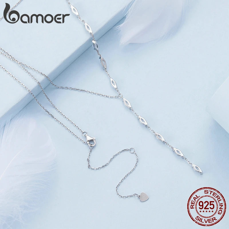 Bamoer 925 Sterling Silver Y-Shaped Pendant Necklace Shiny Waterdrop Long Chain Necklace for Women Engagement Wedding Gift