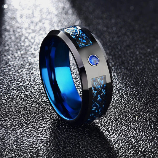 Tungsten Carbide Ring 8mm Men and Women Wedding Engagement Ring Blue Carbon Fiber Zircon Inlaid Dragon Pattern Daily Date Wear