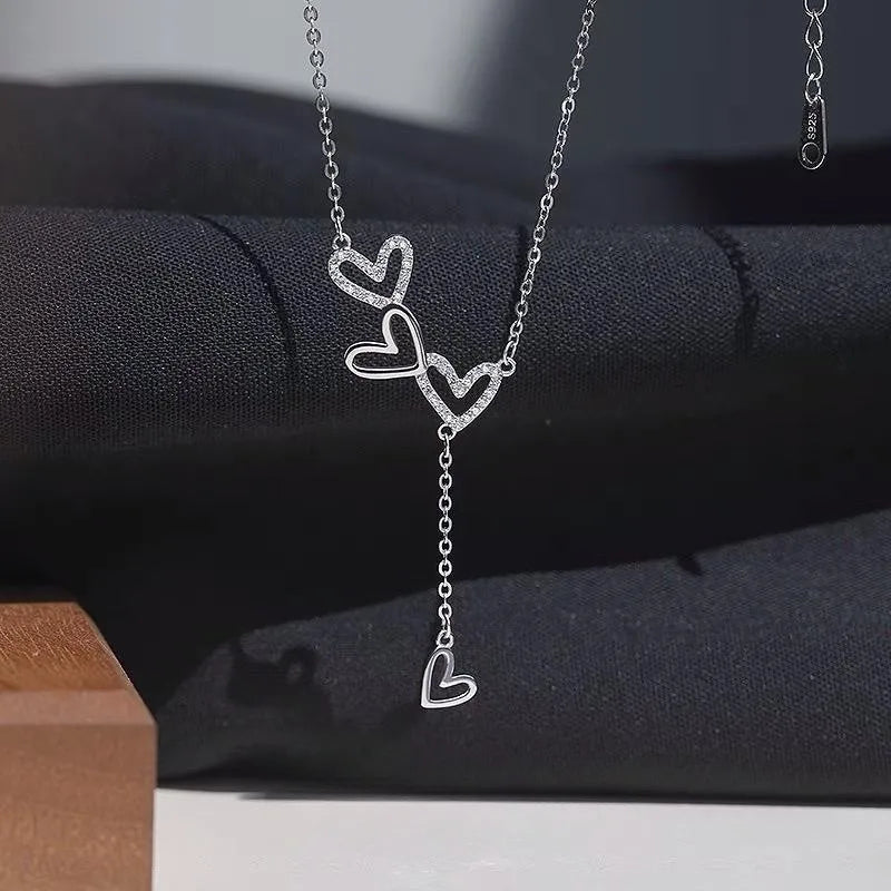 925 Sterling Silver Hollow Heart Necklace Sparkling Diamond Tassel Pendant Women's Clavicle Chain Wedding Jewelry Accessories