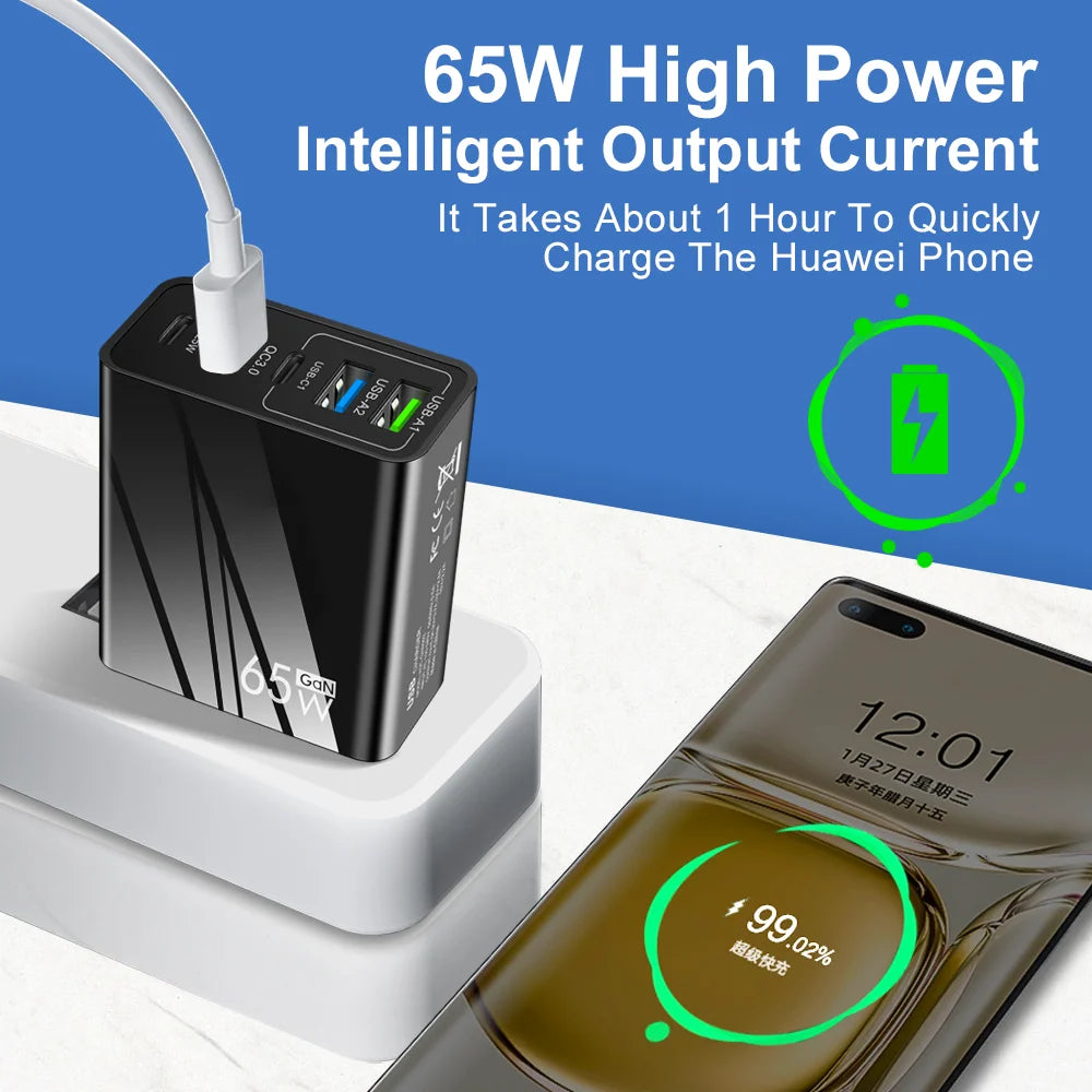 65W GaN USB 充电器 PD 快速充电 Type C 手机适配器适用于 iPhone 15 华为快速充电 3.0 欧盟/美国插头壁式充电器