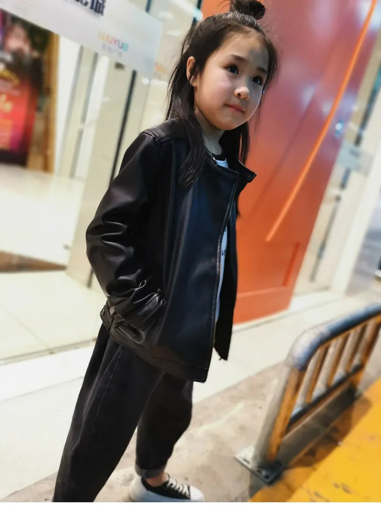 2024 Autumn Children Girl PU Leather Motorcycle Jacket 1-10 Years Kid Little Girl Outerwear Coat Infant Baby Girl Catwalk Outfit