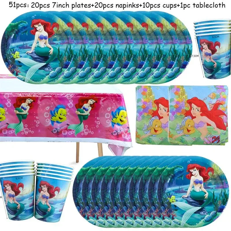 Disney The Little Mermaid Birthday Balloons Ariel Princess Paper Plates Napkins Cups Tablecloth Kids Party Decorations Supplies