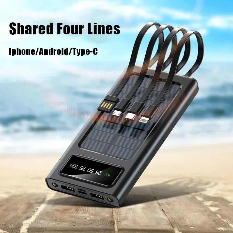 Lenovo 200000mah Solar Power Bank Built 4 Cables Portable Fast Charging Usb Ports Charger Powerbank For Iphone Xiaomi Samsung