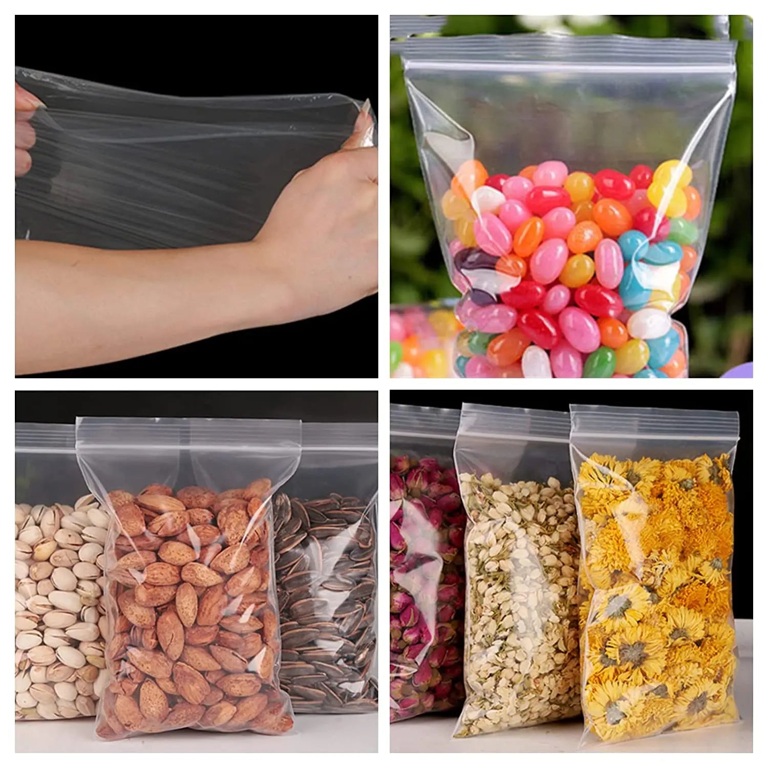 Bulbusbow's thicken zipper sealed clear plastic storage bags, perfect for organizing small jewelry, food items, travel essentials, and more. Durable, eco-friendly PE material with secure resealable zippers, available in bulk quantities.