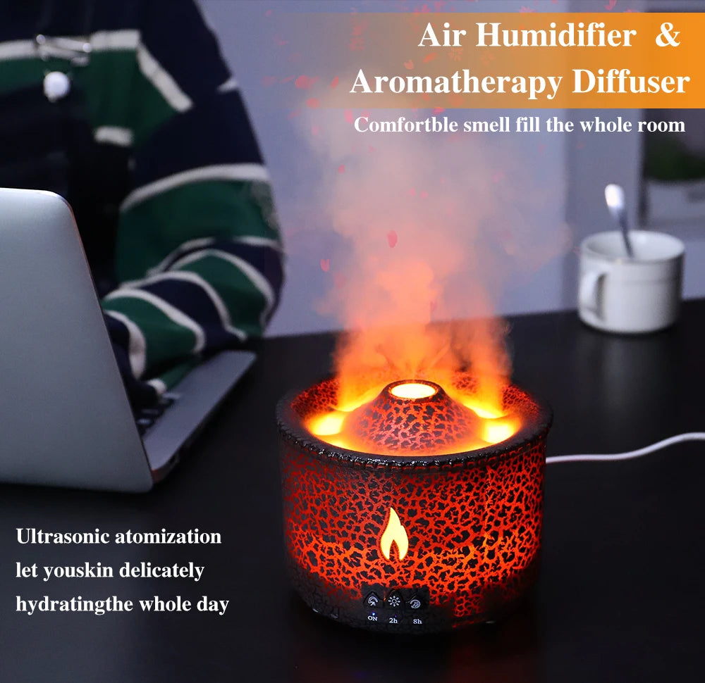 Volcano Fire Flame Air Humidifier Aroma Diffuser Essential Oil with Remote Control Jellyfish for Home Fragrance Mist Mak Smoking