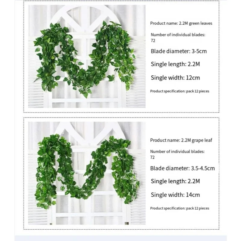 2.2M Green Lvy LeafArtificial Plant Garland SilkWall Hanging VineWedding Party DlY FakeWreath Leaves HomeGarden Decoration