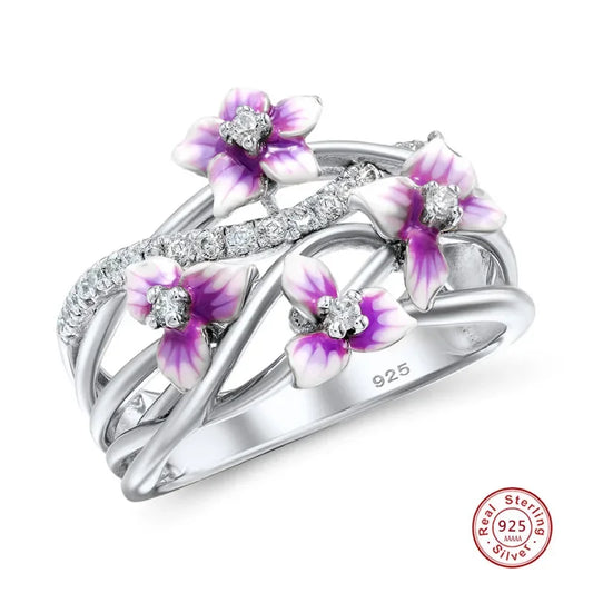 Authentic 925 Sterling Silver Stackable Violet Drop Glue Ring Daisies Flower Zircon Finger Ring for Women Jewelry Gift Bijoux