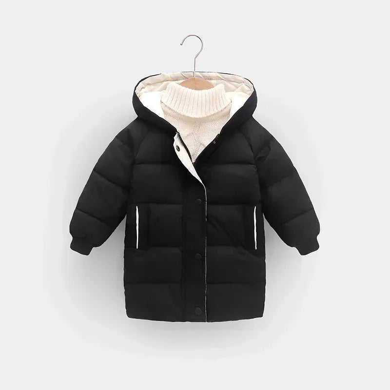 Children's hooded cotton jacket, medium length windproof jacket, warm, cold proof, solid color, winter, new fashionable down jac