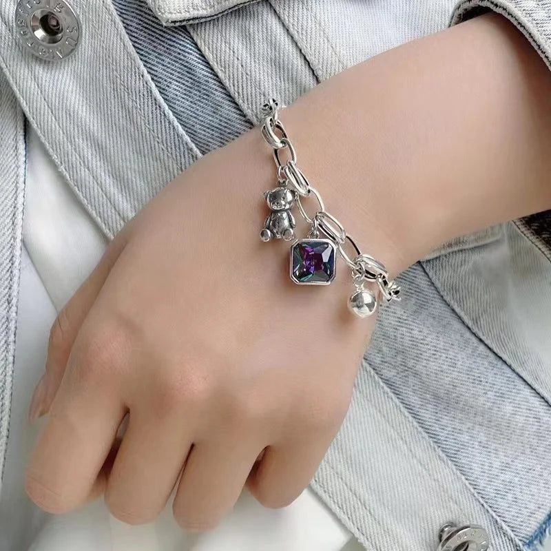 New Arrival Sweet Little Bear Animal Design Shiny Crystal 925 Sterling Silver Ladies Charm Bracelet Jewelry For Women Gifts