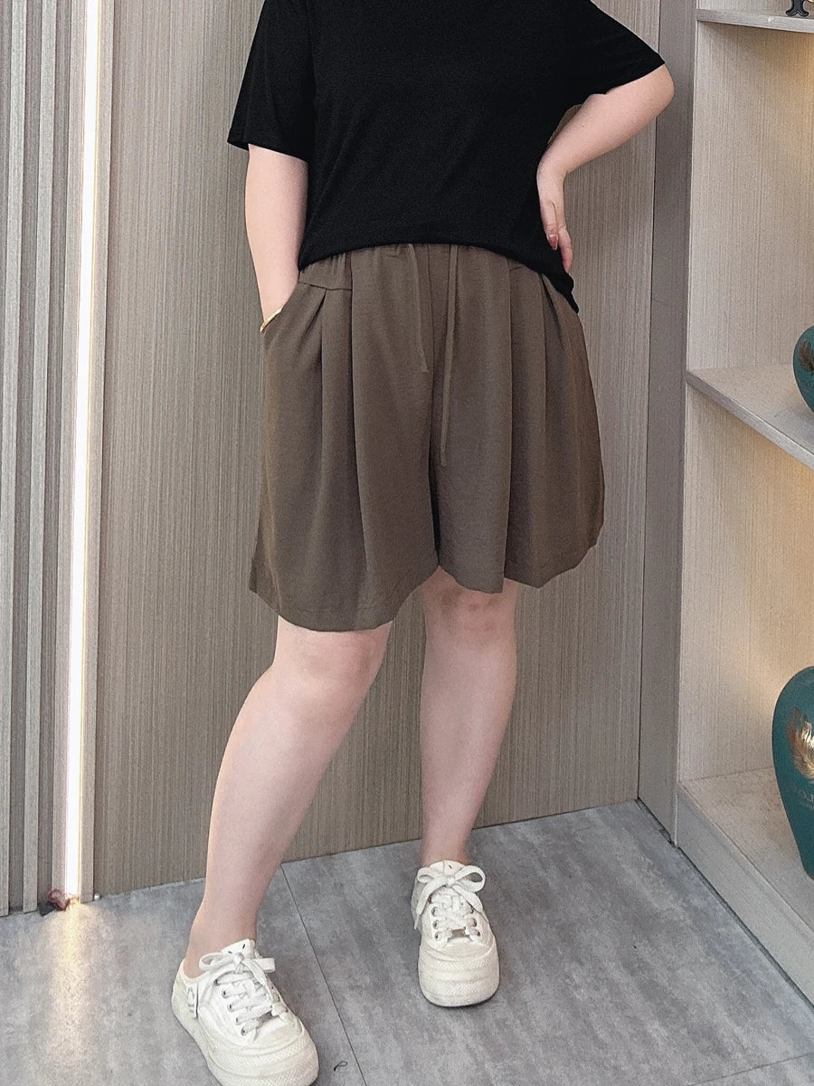 Summer Thin Ice Silk Shorts Women 2024 New Plus Size Elastic High Waist Loose Wide Leg Knee Pants