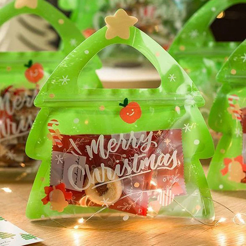 10Pcs Christmas Tree Handle Gift Bag For Candy Chocolate Cookie Nougat Biscuit Packing Gift Zipper Packaging Bags