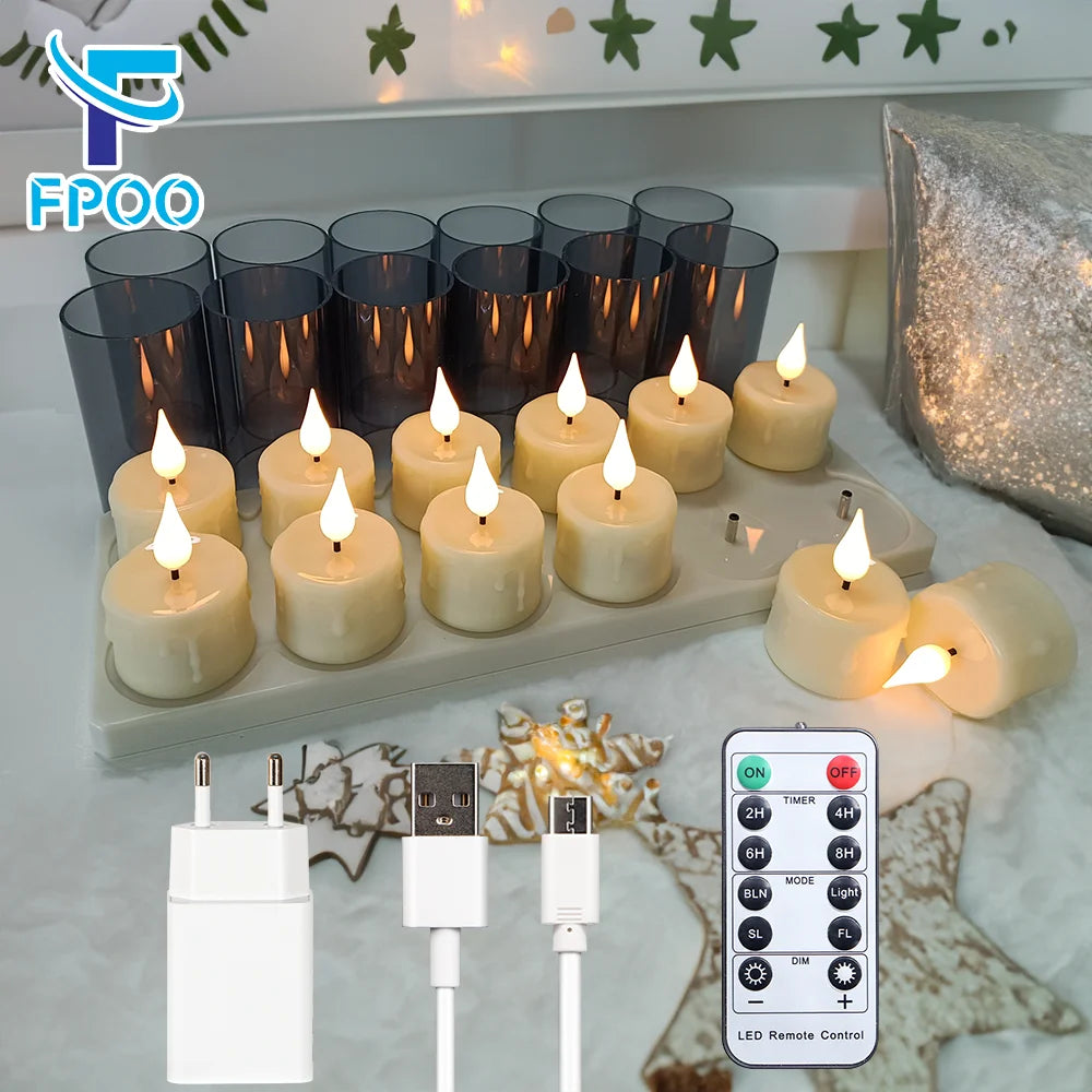 FPOO Rechargeable Candles Flameless Tea Lights With Remote Control Timer LED Lighting Lamp For Home Decor Halloween Decor Candle