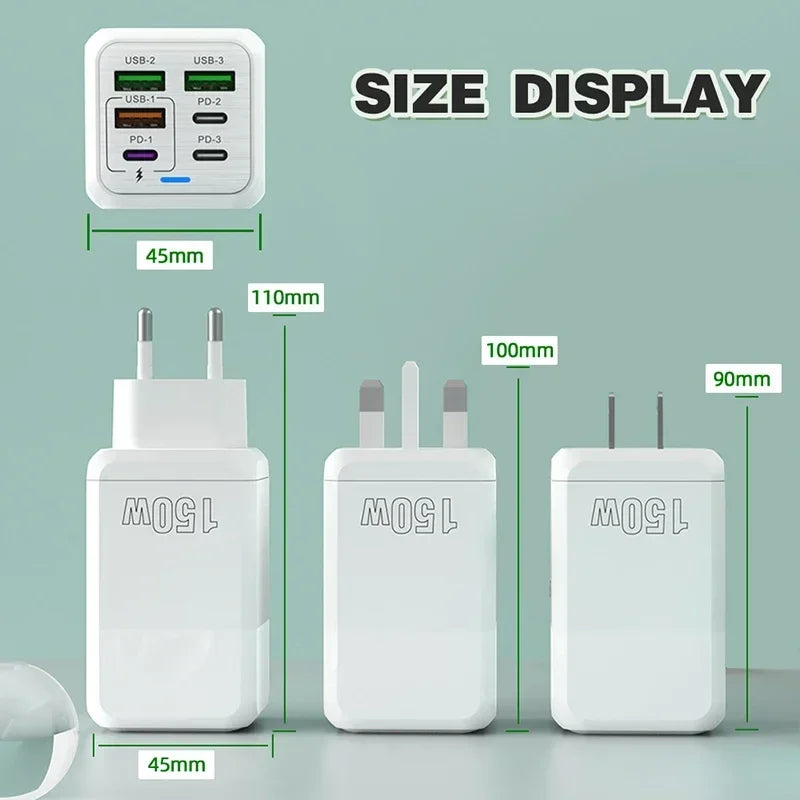 150W Super Quick Charger 6-Port PD QC 3.0 with USB-C Data Cable for iPhone, Samsung, and Xiaomi Devices Bulbusbow