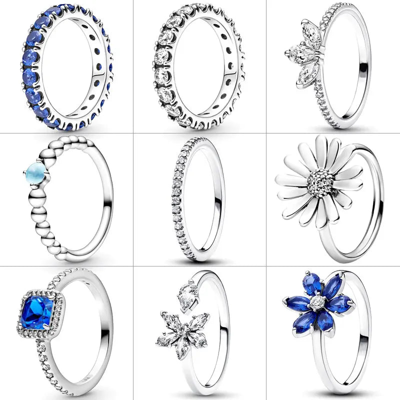 925 Silver Ring Blue Zircon Flower Shape Sparkling Herbarium Cluster Ring Row Eternity Women Finger Ring Fine Jewelry