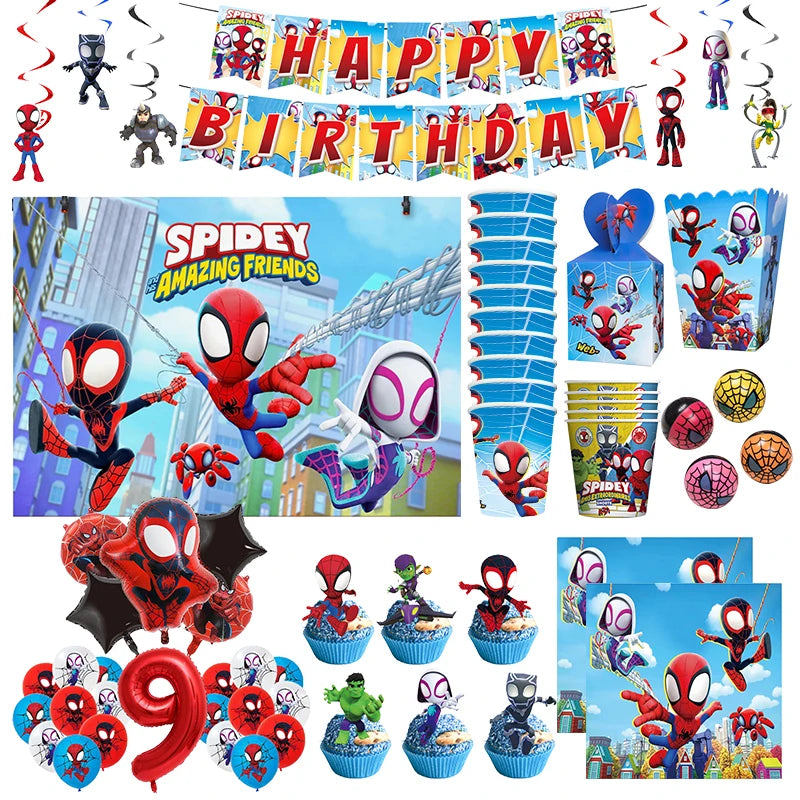 Spider And His Amazing Friends Birthday Party Decoration Balloons Tableware Banner Set Spideyman Backdrop Deco Kids Gift Suppy