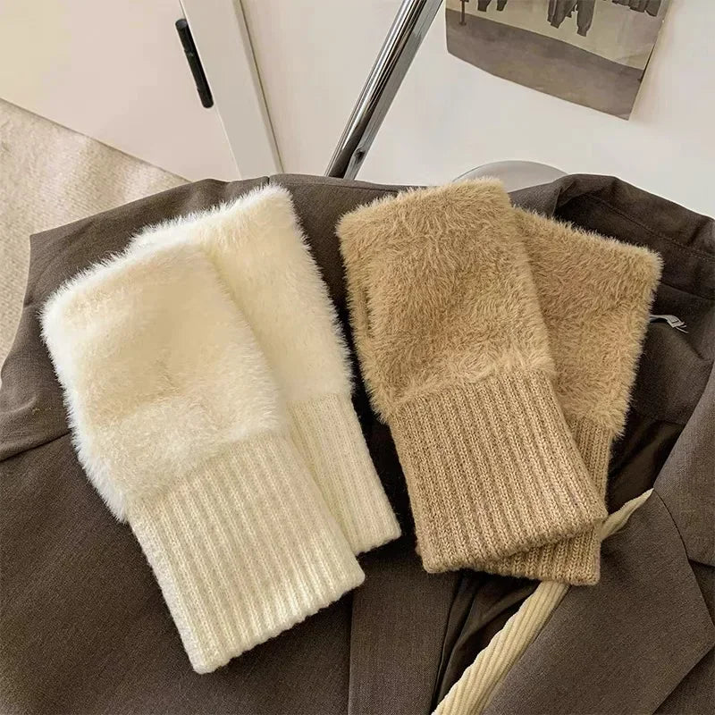 Mink Fleece Soft Winter Half Finger Gloves Women Warm Luxury Solid White Plush Knitted Fingerless Gloves Wrist Mittens Writting