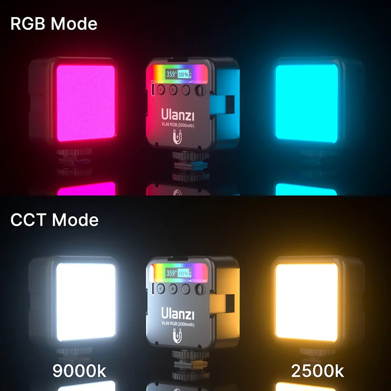 Ulanzi VL49 全彩 RGB LED 视频灯 2500K-9000K 800LUX 磁性迷你补光 3 冷靴 2000mAh Type-C 相机灯