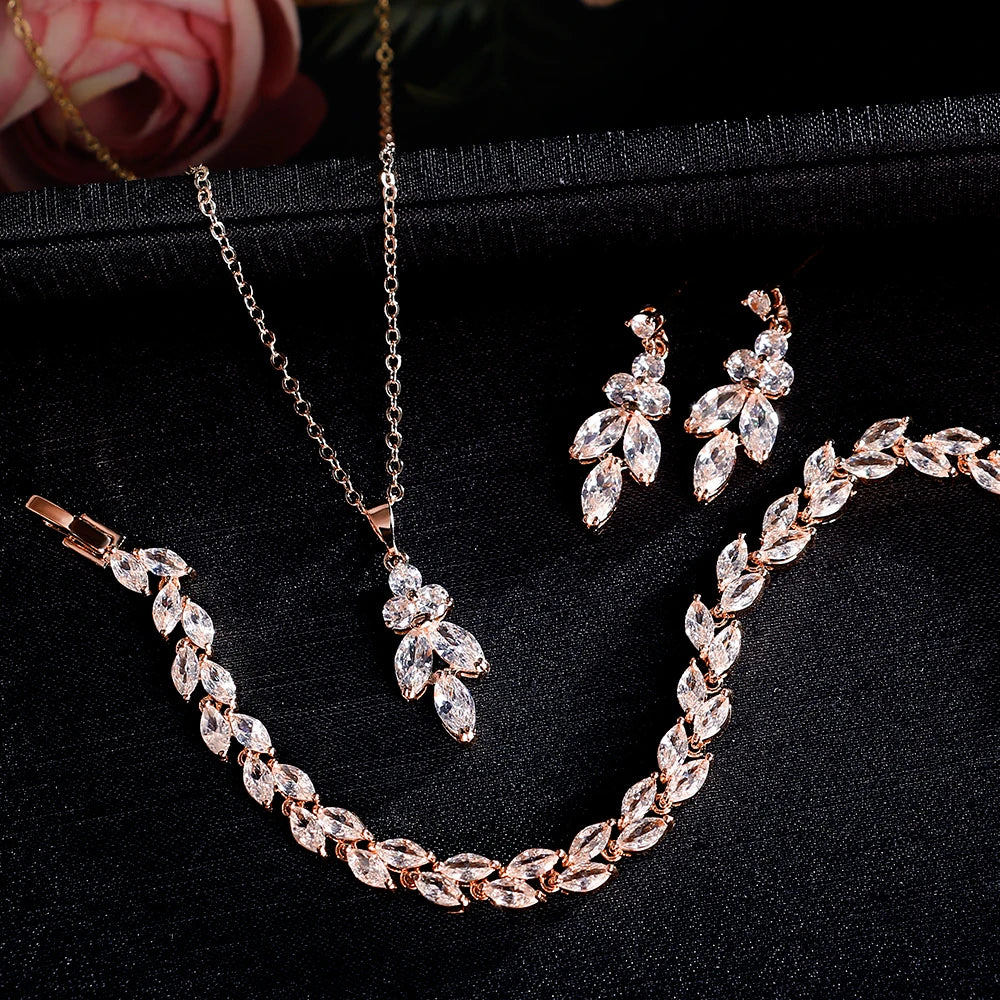 ZAKOL Luxury Brilliant Zirconia Leaf Necklace Earrings Rings Bracelets Set for Women CZ Drop Bridal Wedding Jewelry Sets