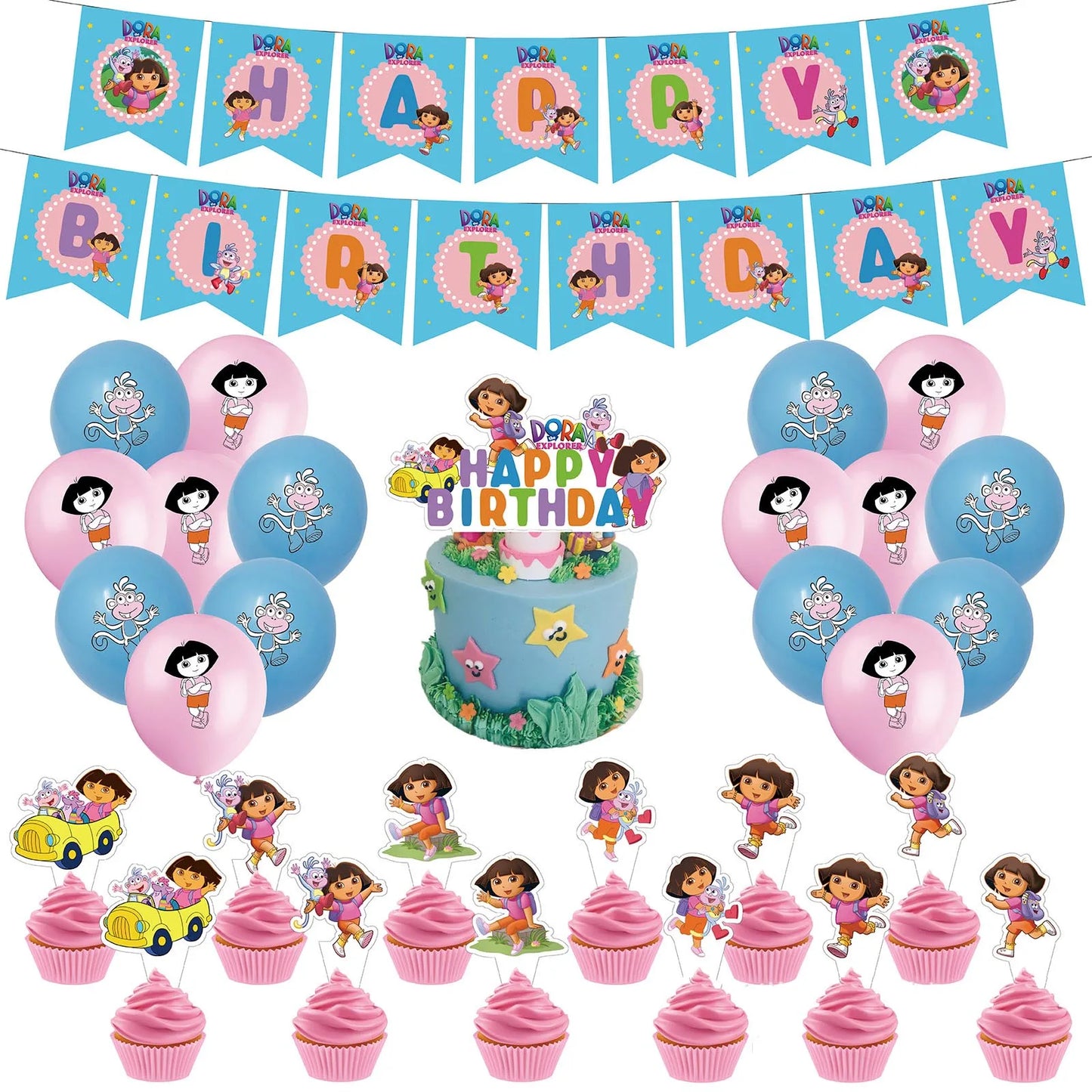 Explorer Dor-a Birthday Party Decor Disposable Tableware Cup Background Balloon Cake Topper Girl Adventure Baby Shower Supplies