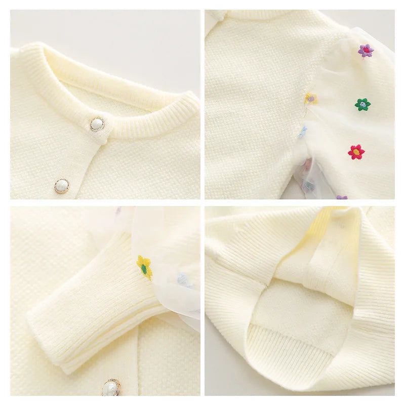 Spring Autumn Baby Girl Sweater Cardigan Cotton Round Collar Tulle Lantern Sleeve Kid Girl Coat Star Newborn Girl Knitwear Coats