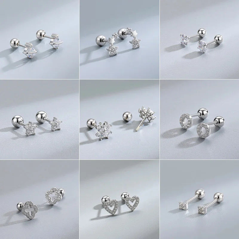 Trendy Silver Screw Back Helix Stud Earrings with Sparkling Cubic Zirconia by Bulbusbow