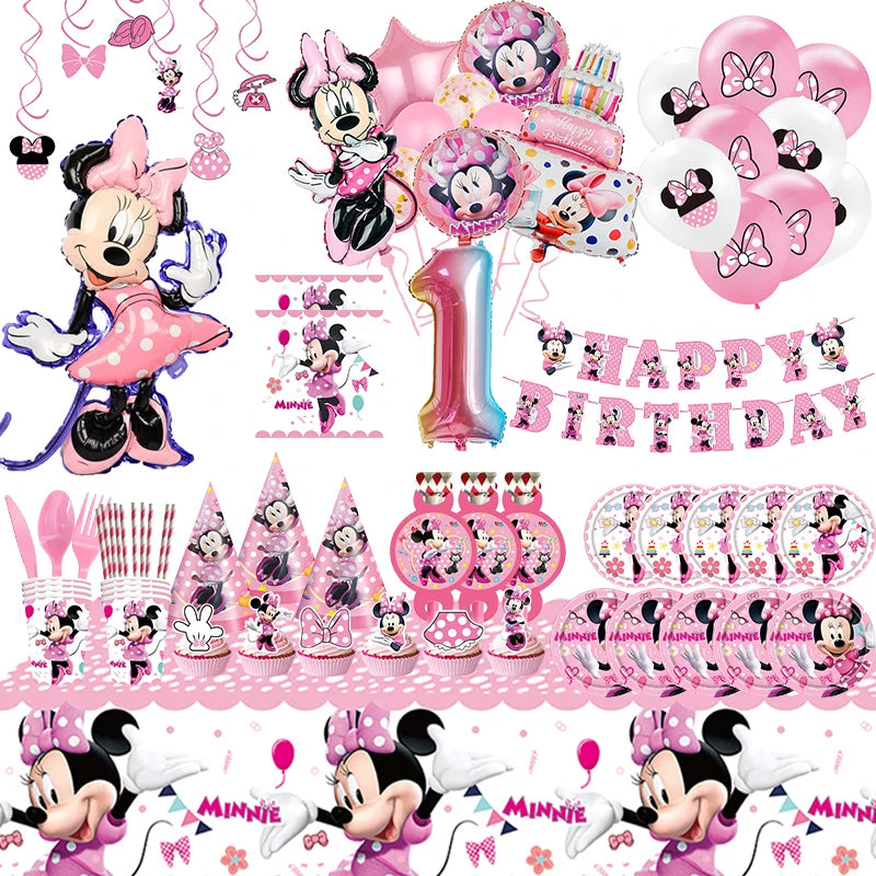 Disney Minnie Mouse Birthday Decorations Tableware Set Balloons Banner Tablecloth Backdrop Mask Kids Party Supplies For Girl