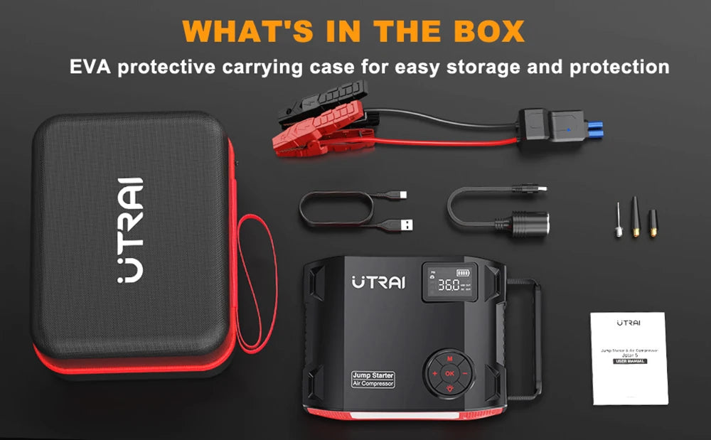 UTRAI 4 In 1 2000A Jump Starter Power Bank 16000mAh 150PSI Air Compressor Tire Pump Portable Charger Car Booster Starting Device