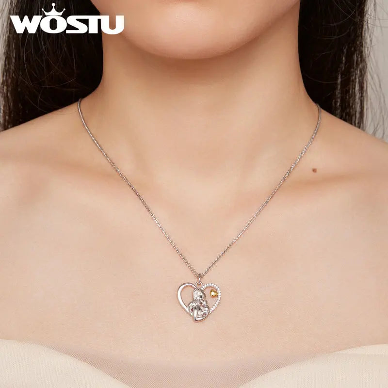 WOSTU 925 纯银爱心足迹项链母子心形吊坠链女士精美珠宝母亲妻子礼物