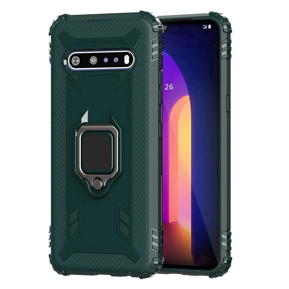 Carbon Fiber Silicone Stand Case For LG V60 ThinQ/LG Velvet 5G Shockproof Hybrid Rubber Ring Holder Kickstand Cover