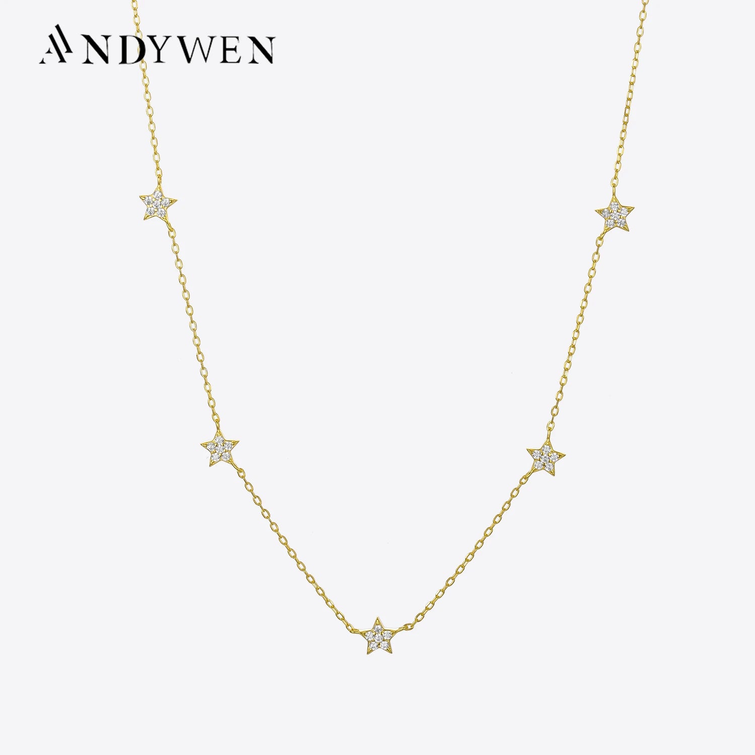 ANDYWEN 925 Sterling Silver Gold Starry Sky Spakle Star Linked CZ Zircon Choker Necklace Long Chains Women Wedding Jewelry Gift