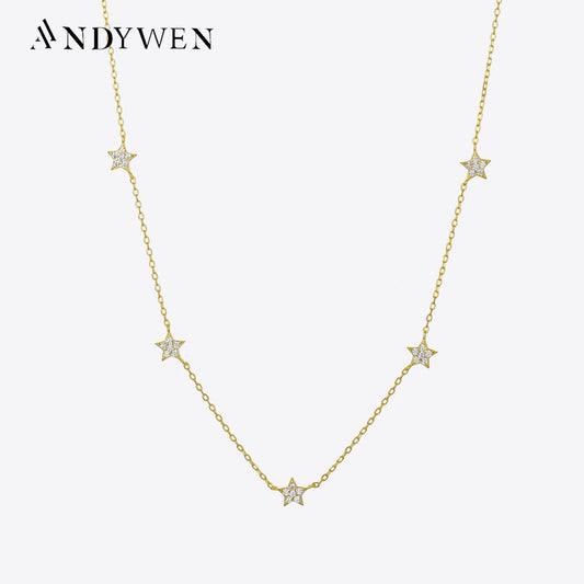 Bulbusbow 925 Sterling Silver Gold Starry Sky Sparkle Star Linked CZ Zircon Choker Necklace – Elegant Long Chain for Women | Perfect Wedding Jewelry Gift