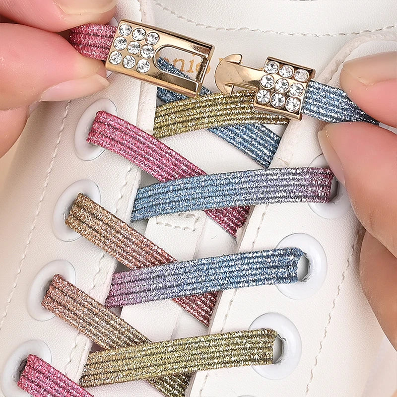 1Pair No Tie Shoe Laces Diamond Buckle Elastic Lace Shoelaces Pearl Light Colorful Fashion Without Ties Laces Sneaker Kids Adult