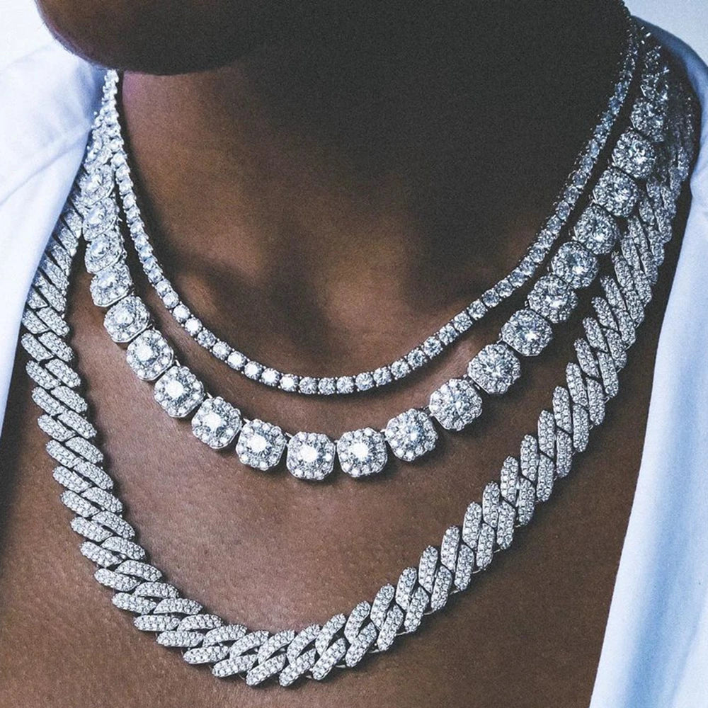 Men Women Luxury Prong Cuban Link Chain Necklace Bling Iced Out Crystal Zircon Cluster Tennis Chain Necklaces Hip Hop Jewelry