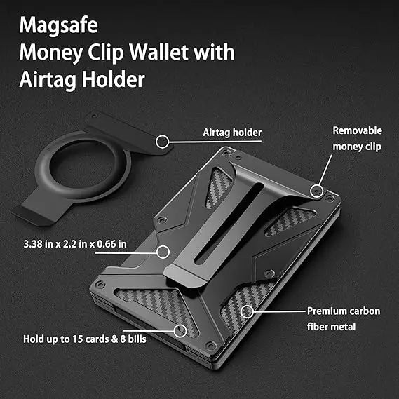 Mag Safe Wallet Money Clip, 2 in 1 Air Tag Holder and Money Clip, [With1 Magnetic Sheets], for Magnetic and Non-Magnetic Phones