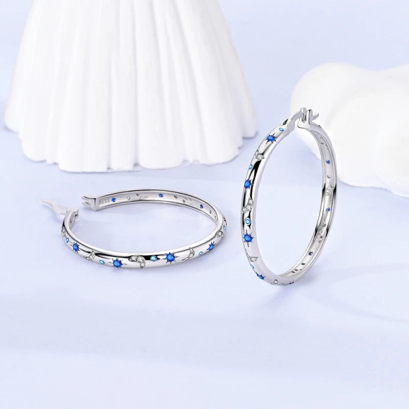 Bulbusbow Luminous Shell Women Earrings Original 925 Sterling Silver Pave CZ Star Moon Hoop Earrings Engagement Wedding Jewelry