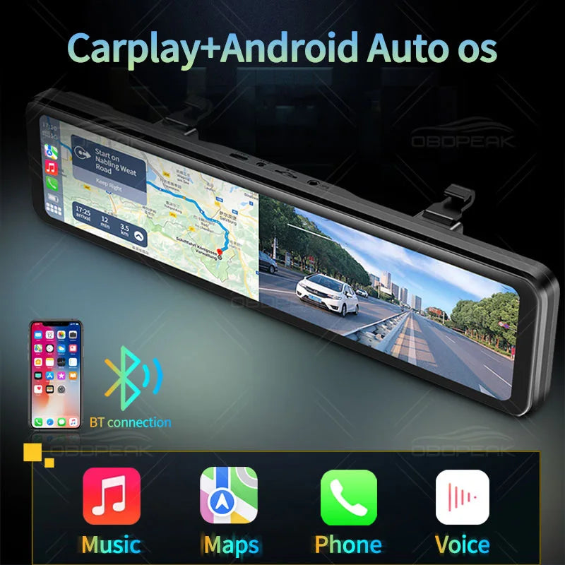 OBDPEAK K4 11.26 英寸后视镜行车记录仪 Carplay Android Auto 4K 3840*2160P WIFI GPS 导航录像机汽车 DVR 摄像头