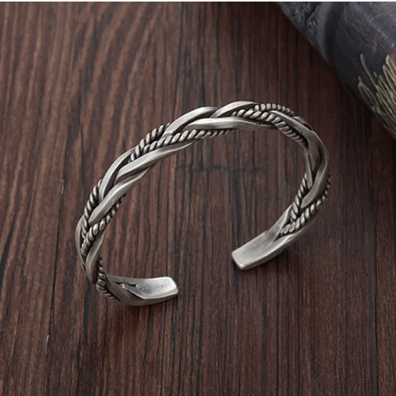 925 Sterling Silver Twisted Woven Bracelet bangle Cuff man women Retro Thai Original Handmade Exquisite Unique Opening Gift