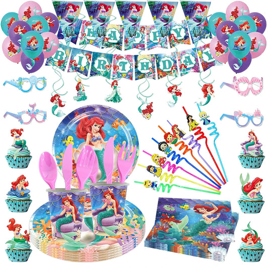 The Little Mermaid Princess Ariel Party Decoration Tableware Set Paper Cup Plate Napkin Mermaid Balloon Theme Birthday Supplies