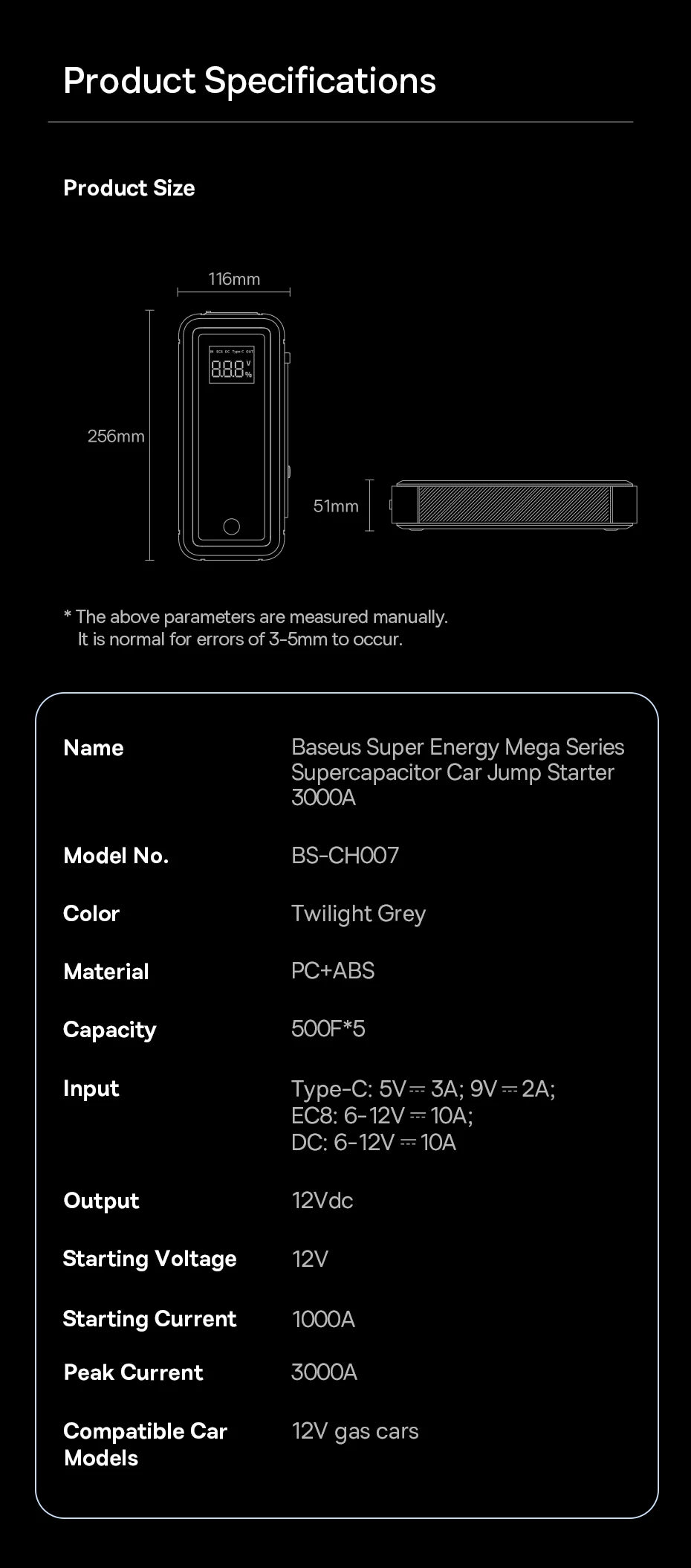 Baseus Super Capacitor Car Jump Starter 3000A Car Booster Device Charger Battery less Portable Car Starting for Emergency Device