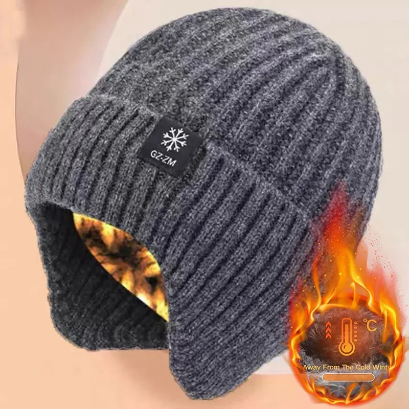 Outdoor Men Winter Knitted Hat Plush Warmth Peaked Cap Earmuff Casual Fashion Faux Fur Lined Bomber Hats Cycling Ear Protection