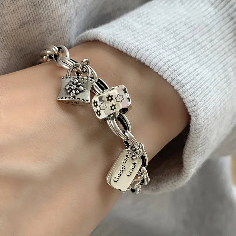 New Arrival Original Lock Flower Star Retro 925 Sterling Silver Female Charm Bracelet Jewelry For Women Gifts