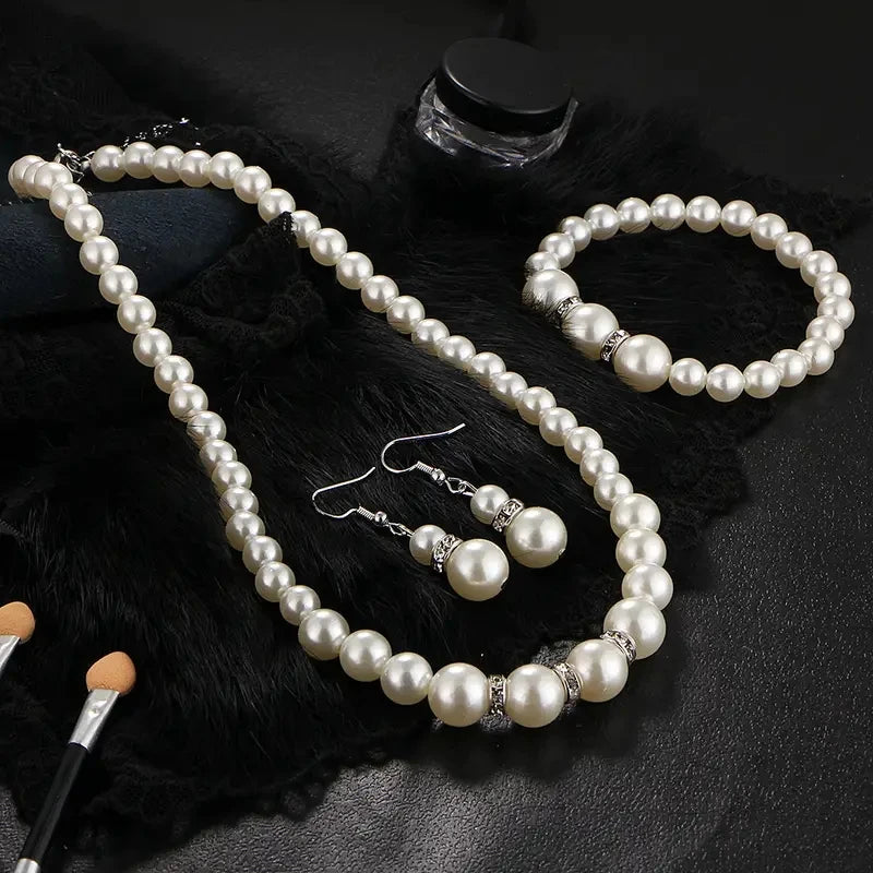 Fashion Pearl Jewelry Set Simulated Pearl Double Layer Luxury Earrings Necklace Wedding Everyday Versatile Necklace Bracelet Set