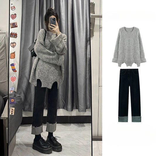 Women 2023 Autumn Winter New Suits O-neck Sweater Knit Pullover Tops Female Straight Denim Pants Ladies Two Piece Sets R603