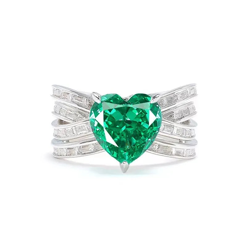 Bulbusbow ZOCA 925 Sterling Silver Heart Ring with Ice Cut Zircon and Emerald Paraiba Gems