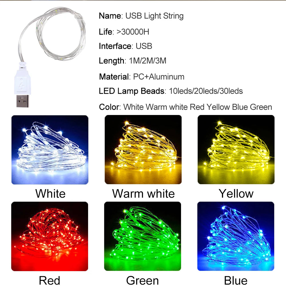 1M 2M 3M USB LED String Lights Copper Silver Wire Garland Light Waterproof Fairy Lights For Christmas Wedding Party Decoration